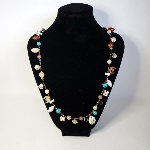 Vintage Collections Ward Beaded Necklace Brown Beige Blue Shell Look - Picture 1 of 10
